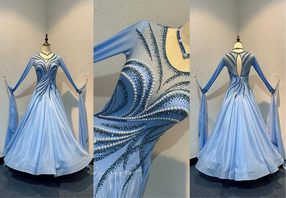 60B TWD ELITE Sky Blue Competition Ballroom/Sequence Dance Dress. New Fuller skirts & Underskirts. Beautiful patterning in Light Sapphire, AB & Light Sapphire AB with White Pearls. Narrow keyhole back. Detachable floats.❤️Showroom Appointments Available❤️