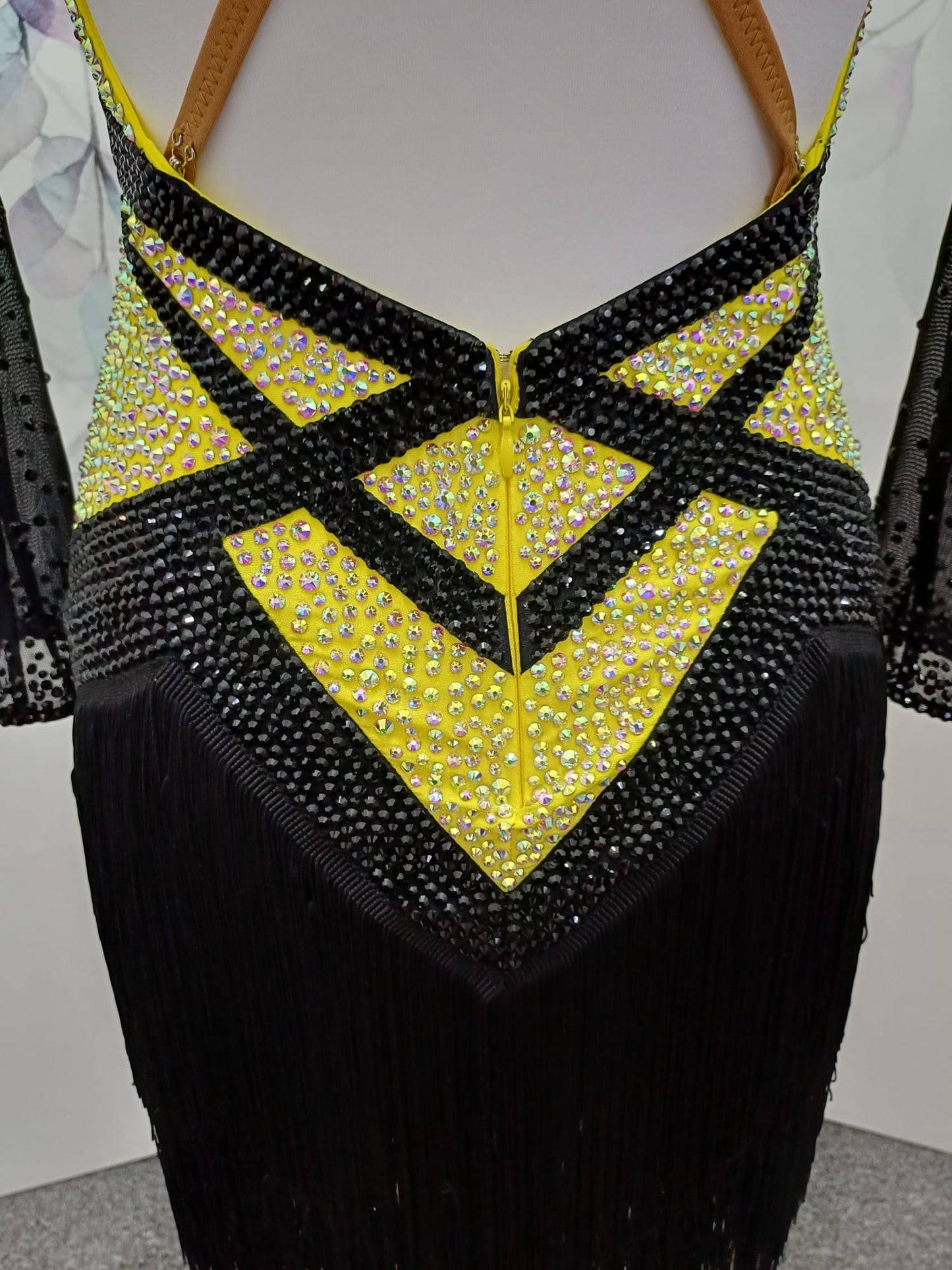 51L Black & Sunshine Competition Latin Dance Dress. Heavily stoned in AB with full fringed skirts. Cones with separate gloves, earring & accessories. ❤️Showroom Appointments Available❤️