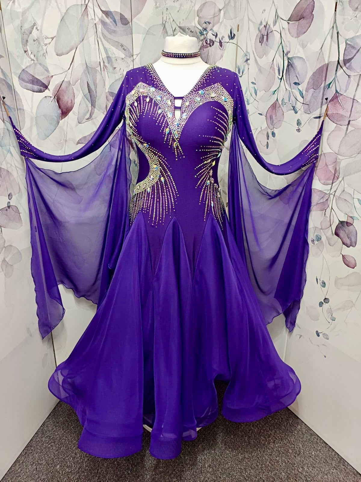 040 Cadbury Purple Competition Ballroom Dance Dress. Flattering & Stunning stoning design throughout in AB. Detachable floats