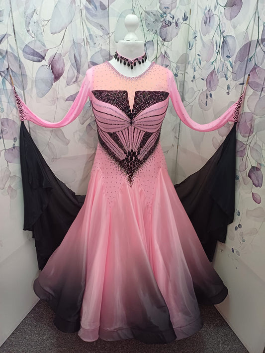 33B “TWD ELITE” Absolutely Stand Out Ballroom/Sequence Competition Dance Dress. Pink & Black Ombre stoned in Jet, Light Rose & Light Rose AB. Detachable Floats.  High Back to give option of wearing own bra