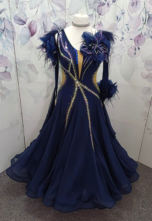 31B TWD ELITE New Fuller Skirts & Underskirts. Navy Blue 3D Feather & Flower detailing to the upper chest and separate Glove. 1 cold shoulder sleeve & 1 long glove. Detachable floats. High Back option of wearing own Bra. Skin Lycra cutouts not see through