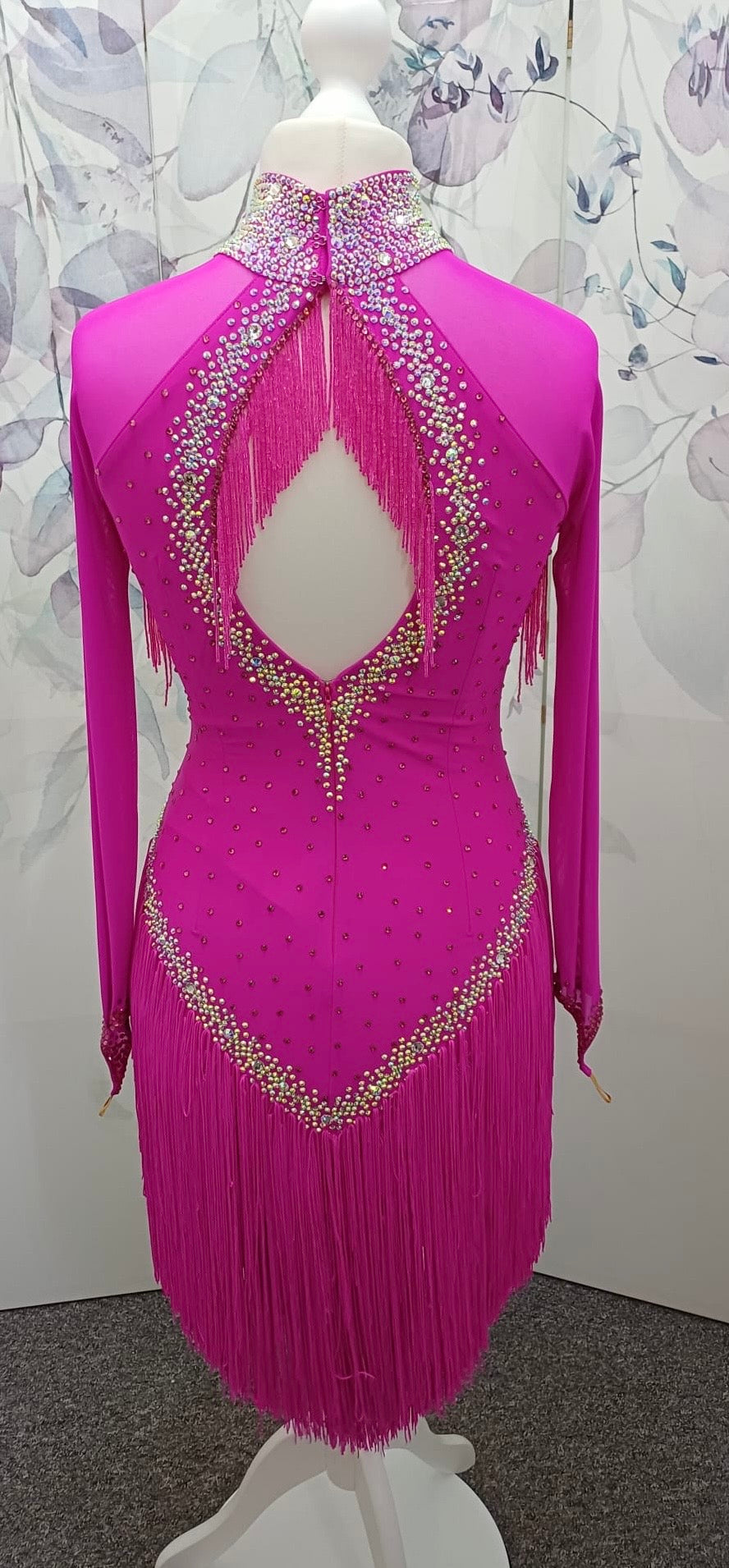 52L Striking Pink Competition Latin Dance Dress. Full fringed skirts with heavy stoning detail in AB & Rose. Flattering bodice shaping. ❤️Showroom Appointments Available❤️