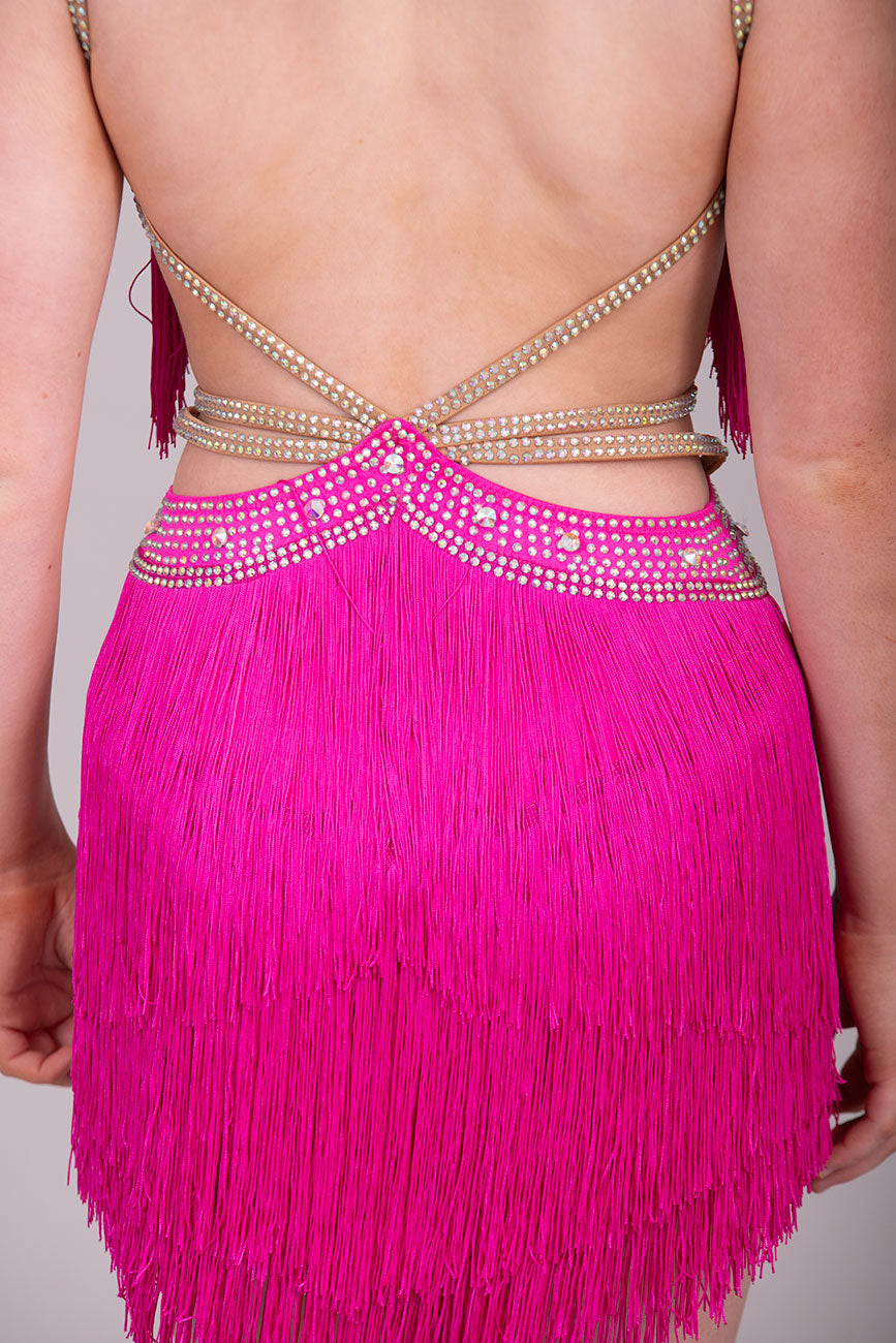 (BUDGET)15Cerise Latin Competition Dance Dress.Full Fringed Skirts with shoulder & waist detailing. 2 Bangles included.                                     *****Our New Budget Range are Bought in ready made Costumes, with some detail added by TWDance*****