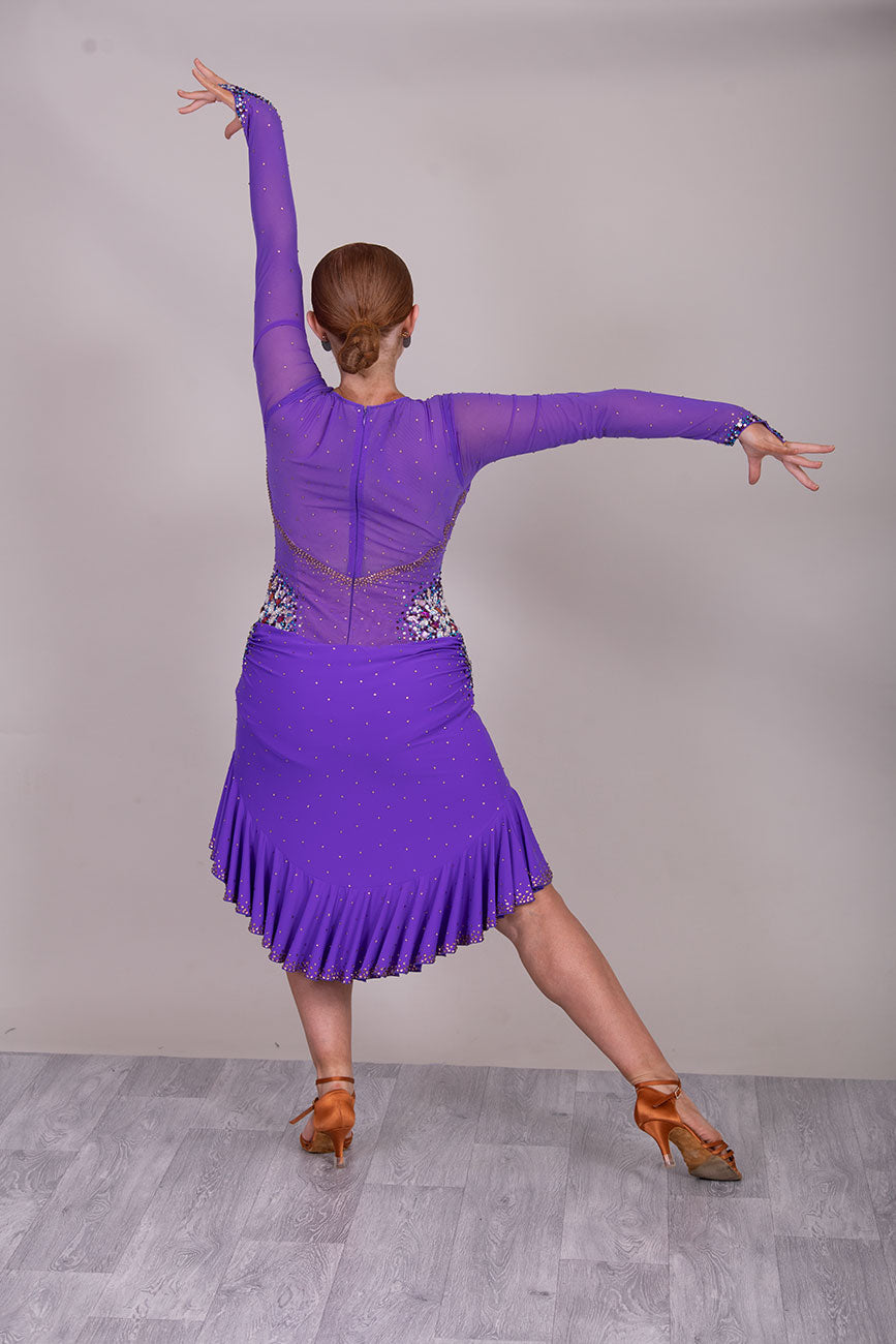 116L Stand Out Purple Competition Latin Dance Dress. Hanging strap detail to the front with stone detail in Purple velvet, AB & light amethyst AB.  High Back to give option of wearing own bra