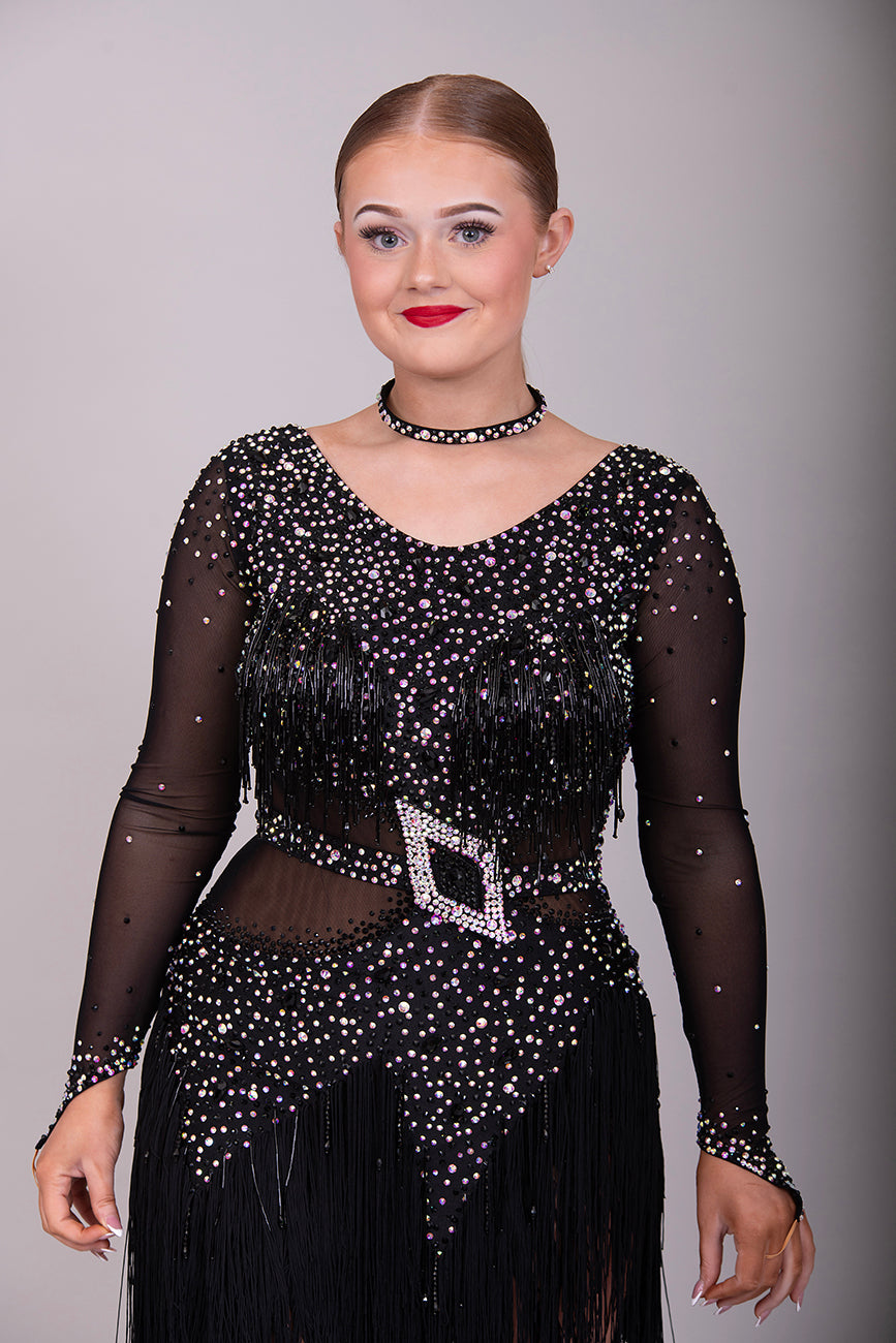 19L Black Latin/Rhythm Competition Dance Dress. Heavily stoned in black & AB with optional Belt. Bead droppers to the chest area and fringe shaped skirt