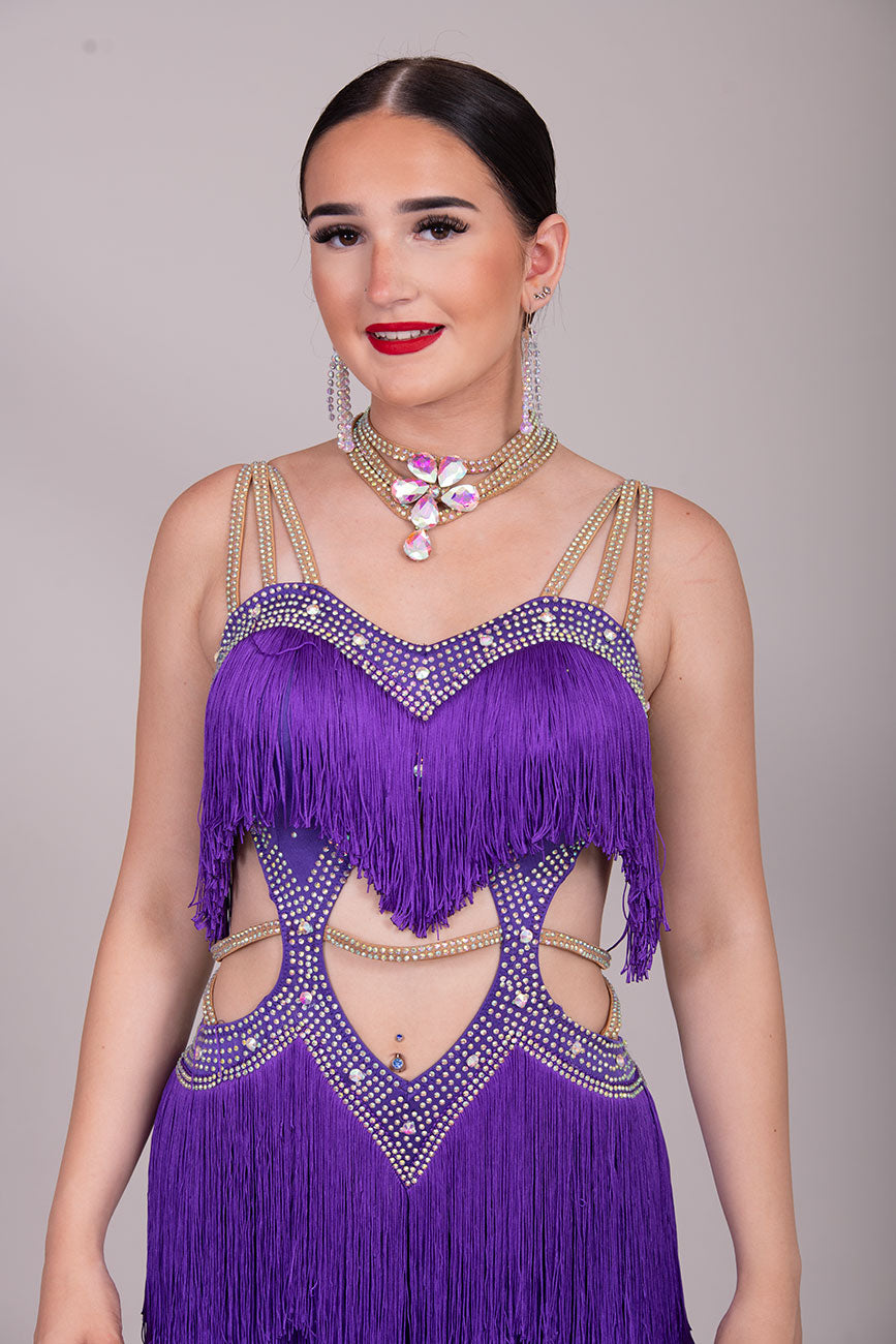 (BUDGET)16Purple Latin Competition Dance Dress.Full Fringed Skirts with shoulder & waist detailing.2 Bangles included.                                     *****Our New Budget Range are Bought in ready made Costumes, with some detail added by TWDance*****