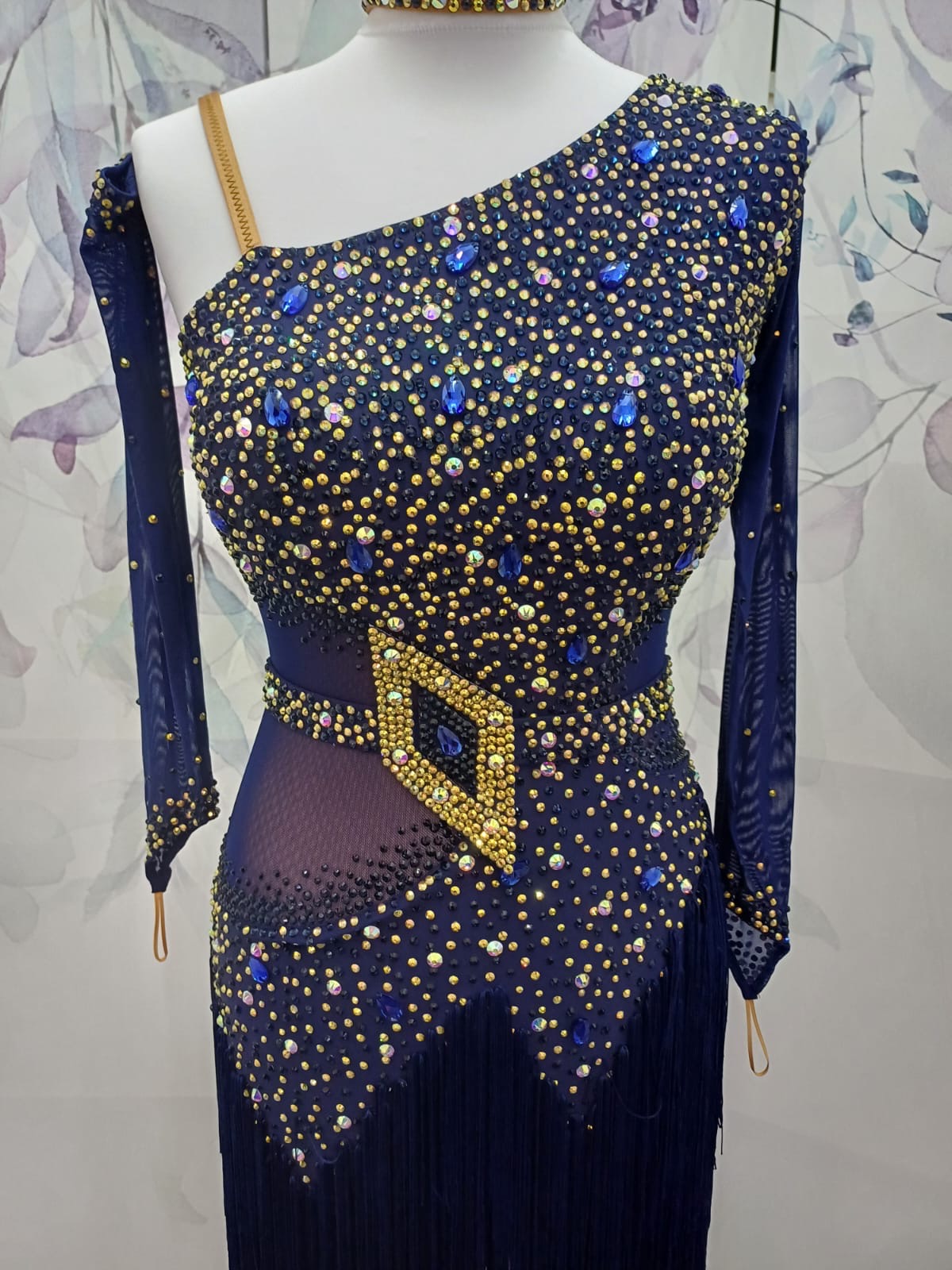 28L Navy Blue & Good Competition Latin Dance Dress. Optional Belt, fringed skirts. 1 sleeve & 1 Glove