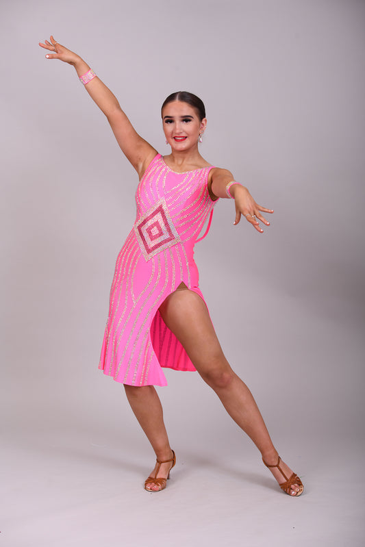 172 Flo Pink Latin dress with split detail to one side. Decorated in Rose & AB