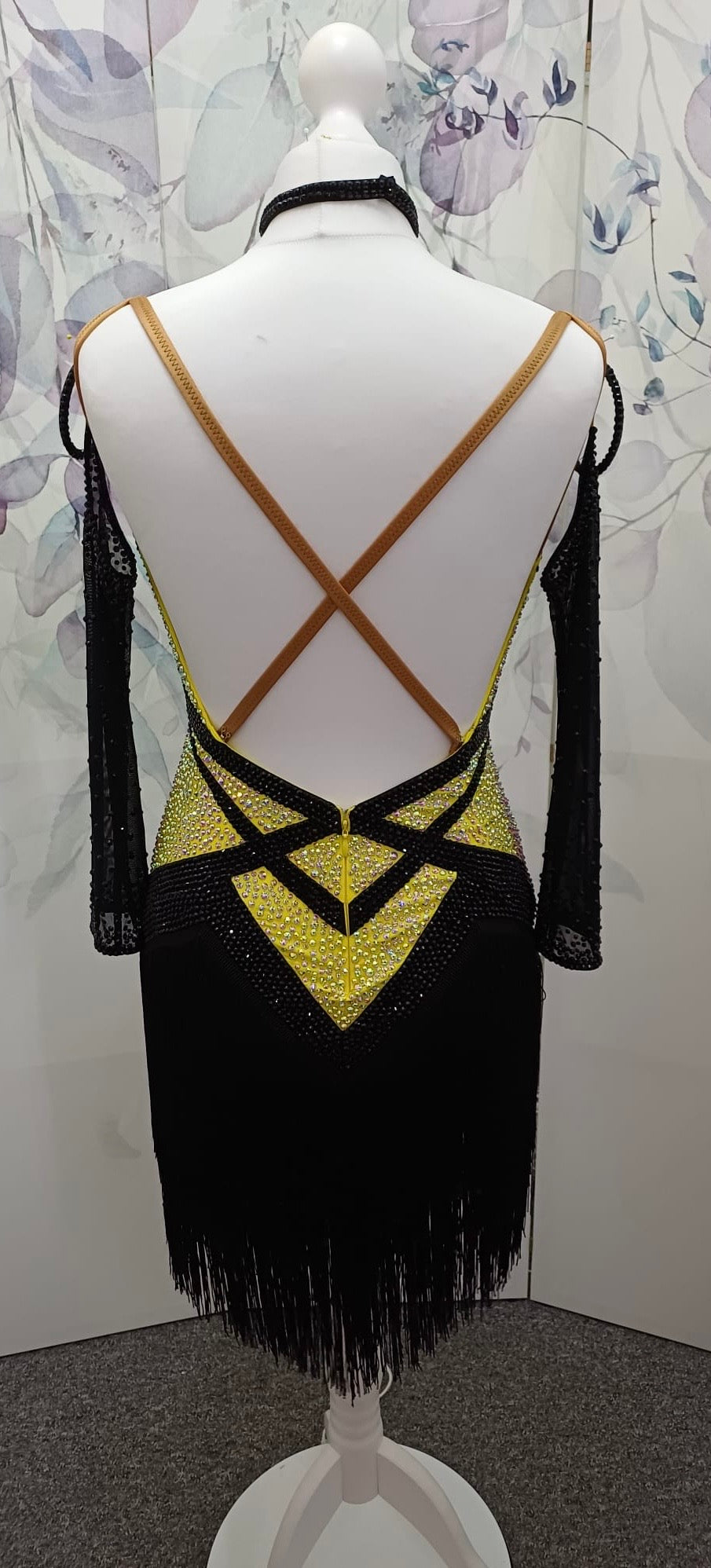 51L Black & Sunshine Competition Latin Dance Dress. Heavily stoned in AB with full fringed skirts. Cones with separate gloves, earring & accessories. ❤️Showroom Appointments Available❤️
