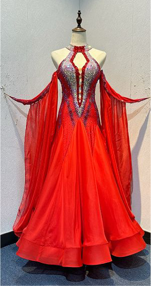61B Bright Red Competition Ballroom/Sequence Dance Dress. Open detailing to the centre front, heavily stoned in Light Siam, AB & Siam AB. Beautiful Key hoke detail at neck. ❤️Showroom Appointments Available❤️