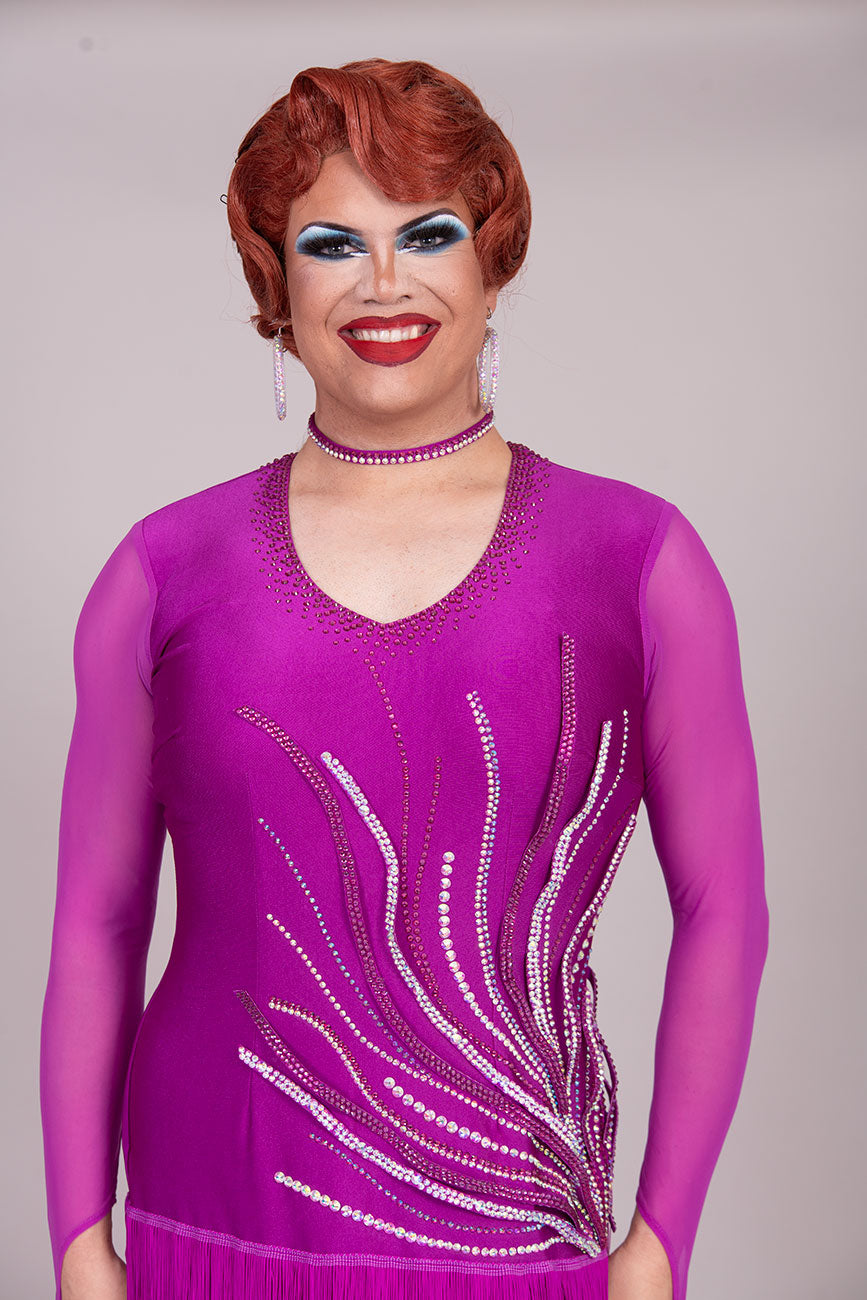 123L Hot Magenta Competition Latin Dance Dress. Flattering Hip Design with full back for option of wearing own Bra & full fringed skirts.