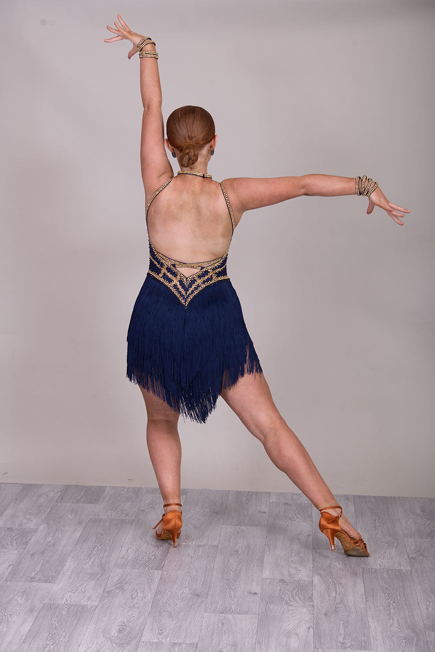 38L Navy Blue & Gold Competition Latin Dance Dress. Very full fringed skirts with full bodice details stoned in Gold