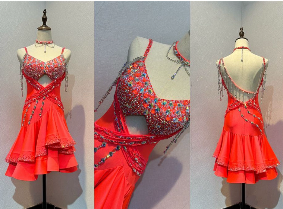56L TWD ELITE Competition Latin Dance Dress in a beautiful Coral colour. Heavily stoned in AB, Hyacinth & Hyacinth AB. ❤️Showroom Appointments Available❤️