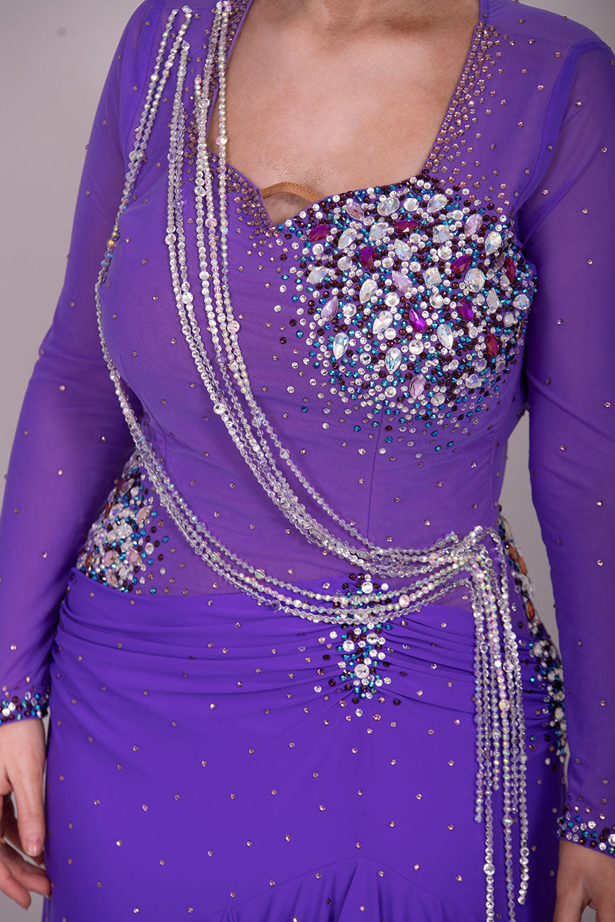 116L Stand Out Purple Competition Latin Dance Dress. Hanging strap detail to the front with stone detail in Purple velvet, AB & light amethyst AB.  High Back to give option of wearing own bra
