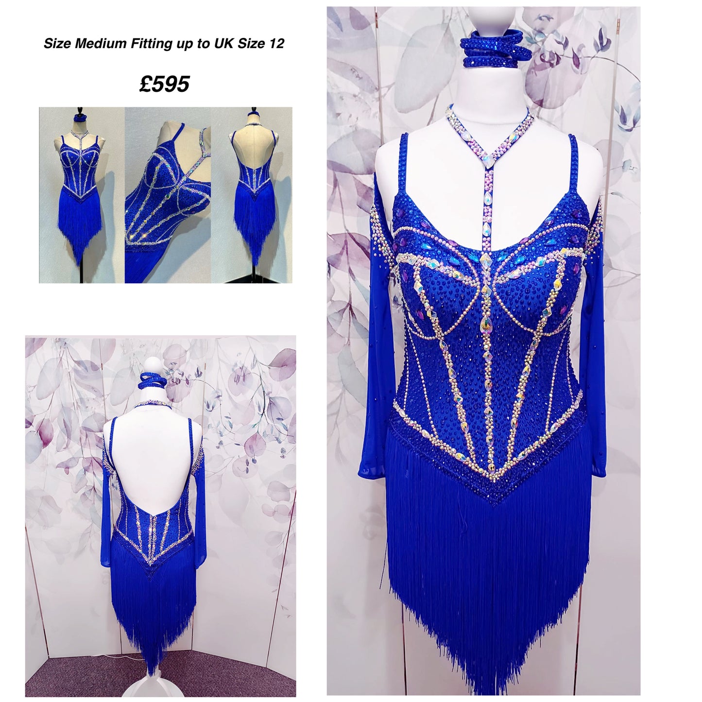 014 Royal blue Competition Latin Dance Dress. Heavily stoned in AB & Sapphire. Full fringed skirt for maximum movement. Neck detailing. Comes with long stoned gloves & Bracelets