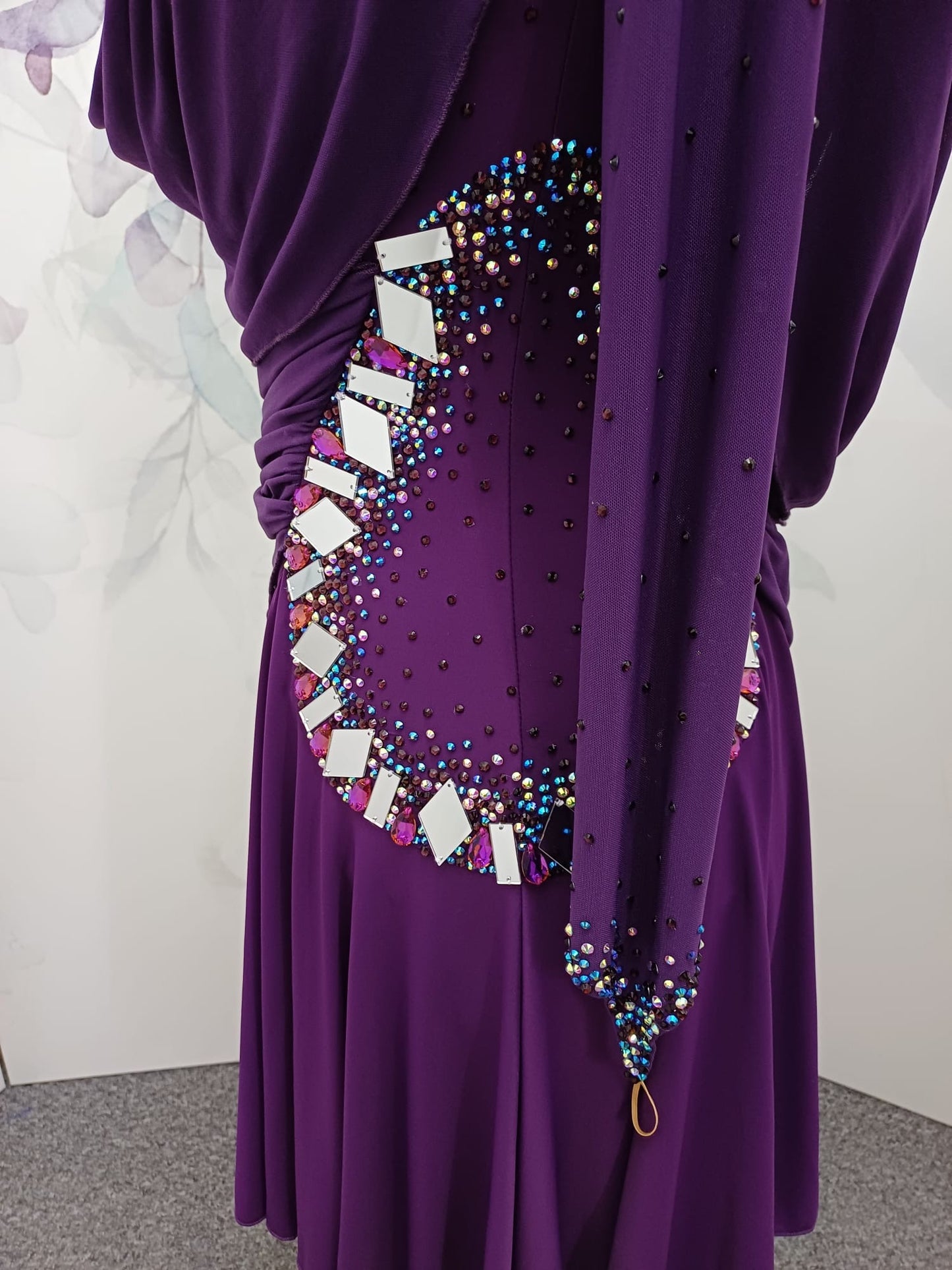 66L Plum Competition Latin Dance Dress. Heavily stoned with AB, Amethyst & Amethyst AB with mirrors. Sash detail to front, back & hip. Could be removed. High back to wear own Bra. ❤️Showroom Appointments Available❤️
