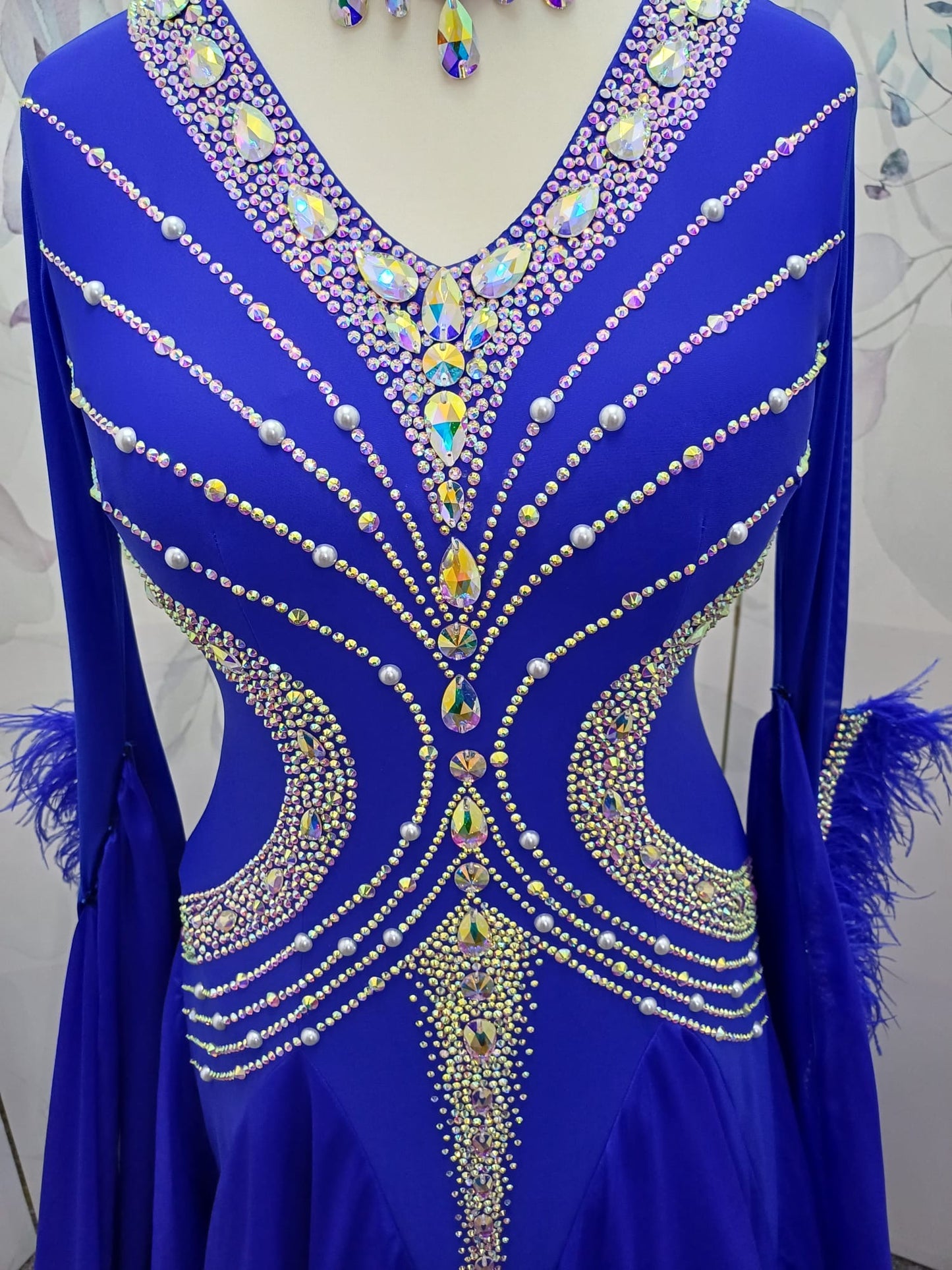 63B Cobalt Blue Competition ballroom dance dress. Heavily stoned in a flattering pattern in AB & Sapphire. detachable floats with high back to give option of wearing own bra. ❤️Showroom appointments available❤️