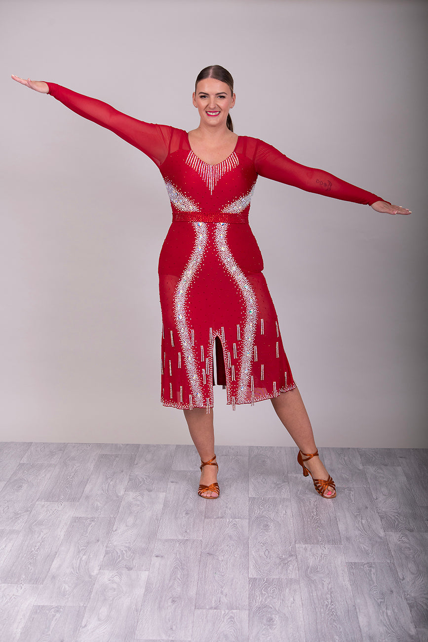 066 Wine Competition Latin Dance Dress. Heavily stoned in AB & Dark Siam Stones. Comes with optional belt.