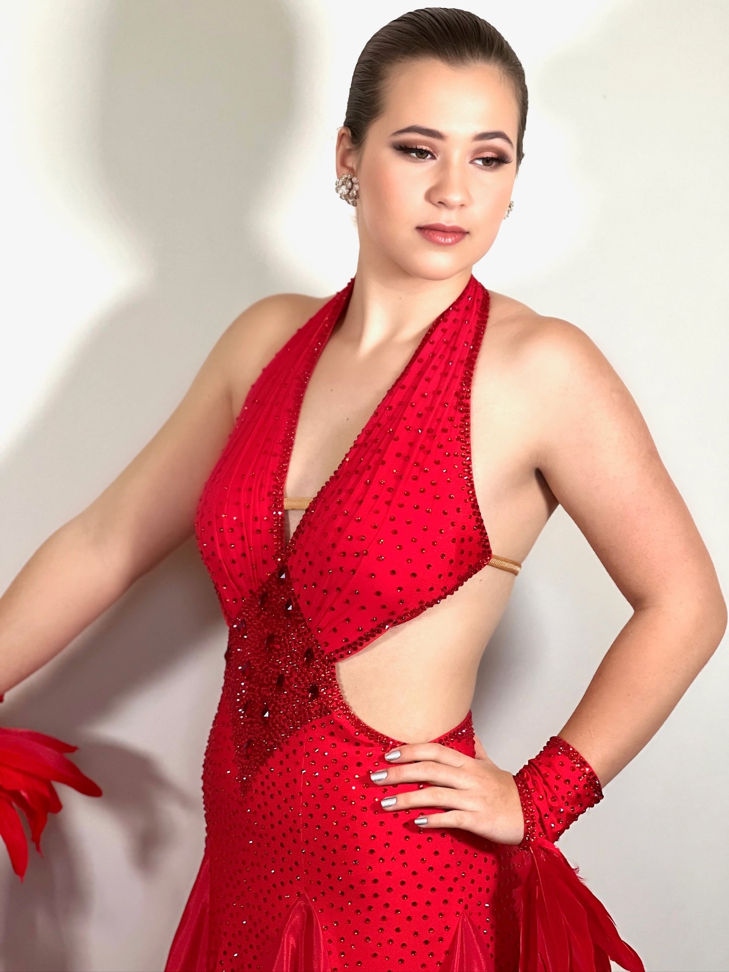 219 Red Sleeveless/Backless Ballroom/Smooth halter neck Dress. Feature panelling to the waist. Long Glove let’s with feather detailing. Flesh strapping to the chest and back.