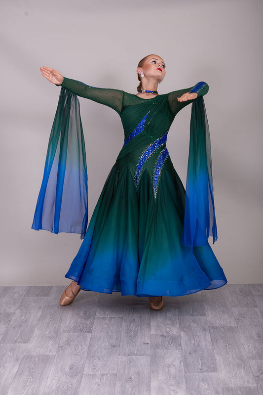 51B TWD “PETITE” Green & Royal Ombre Competition Ballroom Dance Dress. Diagonal Design detail to the Bodice. Stoning in Sapphire & Emerald. ❤️Showroom Appointments Available❤️