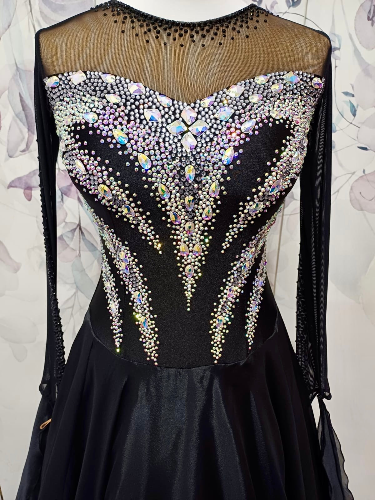 042 Black Ballroom/Sequence Competition Dance Dress. Heavily stoned in AB with detachable floats.