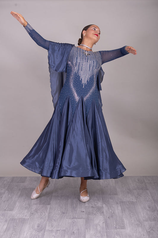20B Blue/Grey/Steel Coloured Ballroom/Sequence Competition Dance Dress. Cape Detail to front & Shoulders. Stoned in Crystal & Blue Lotus Purple