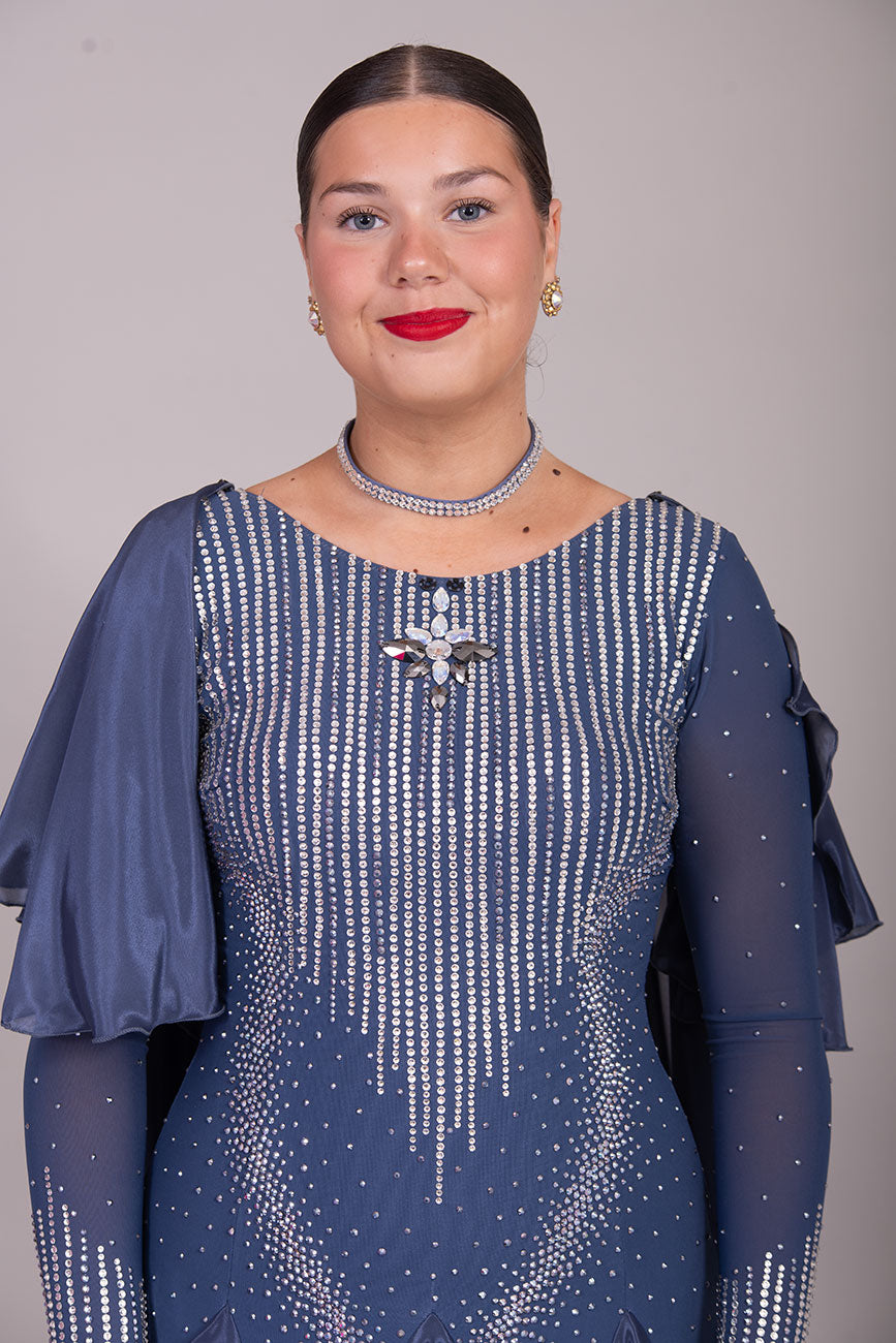 20B Blue/Grey/Steel Coloured Ballroom/Sequence Competition Dance Dress. Cape Detail to front & Shoulders. Stoned in Crystal & Blue Lotus Purple