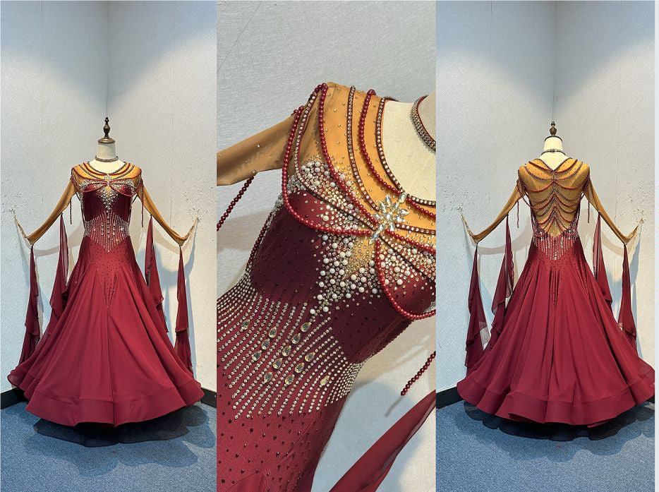 69B TWD ELITE Competition Ballroom/Sequence Dance Dress. Stunning bead detailing to upper chest, shoulders & back. Detachable floats. Stoned in Wine & Crystal Golden Shadow. High back to wear own bra option. ❤️Showroom Appointments Available❤️