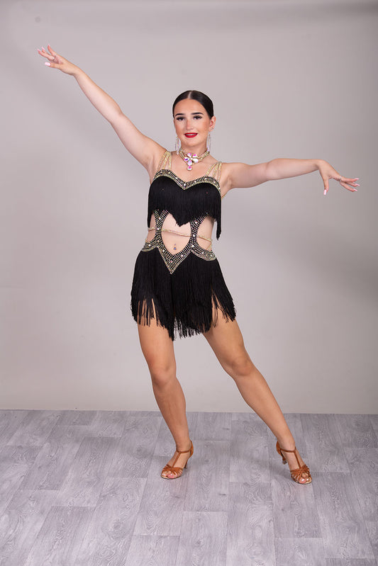(BUDGET)19 Black Latin Competition Dance Dress.Full Fringed Skirts with shoulder & waist detailing.2 Bangles included.                                     *****Our New Budget Range are Bought in ready made Costumes, with some detail added by TWDance*****