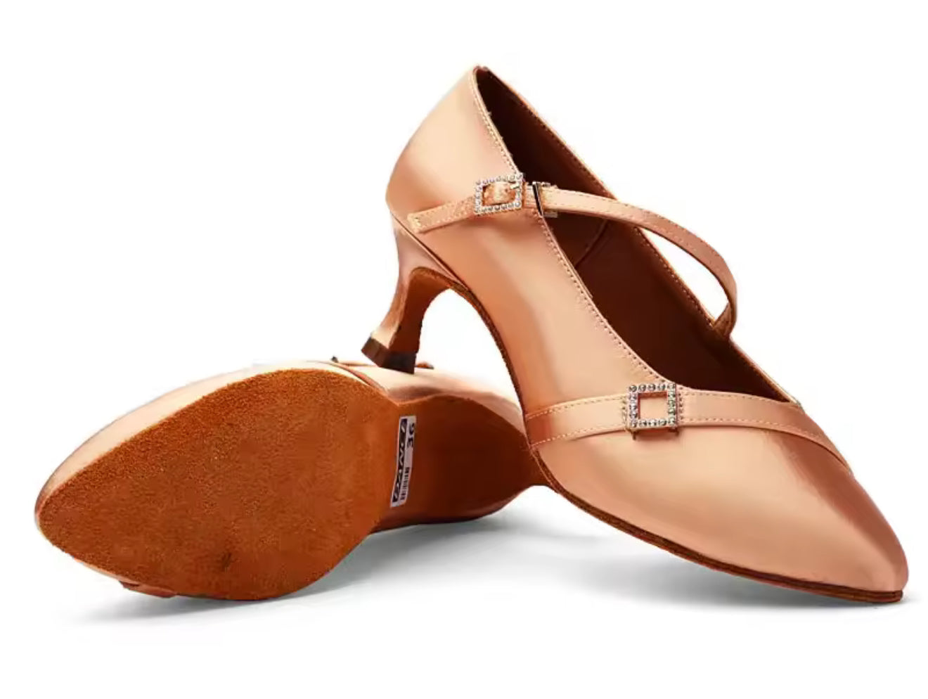 (11) TWD “LULAH” Ballroom Shoes. Flesh Skin Satin with 5.5cm Heel Diamanté Strap & Buckle. Shoes come Boxed Includes a “Black Shoe Bag” pair of plastic feet protectors to try Shoes on for Size, Fit & Comfort.