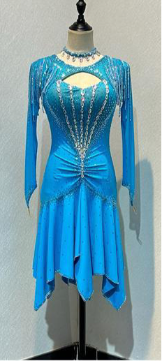 130L Turquoise Blue Competition Latin Dance Dress. High back giving option to wear own Bra. Hip rouched & corset style detail to upper chest. Stoned in AB & Light Sapphire. ❤️Showroom Appointments Available❤️