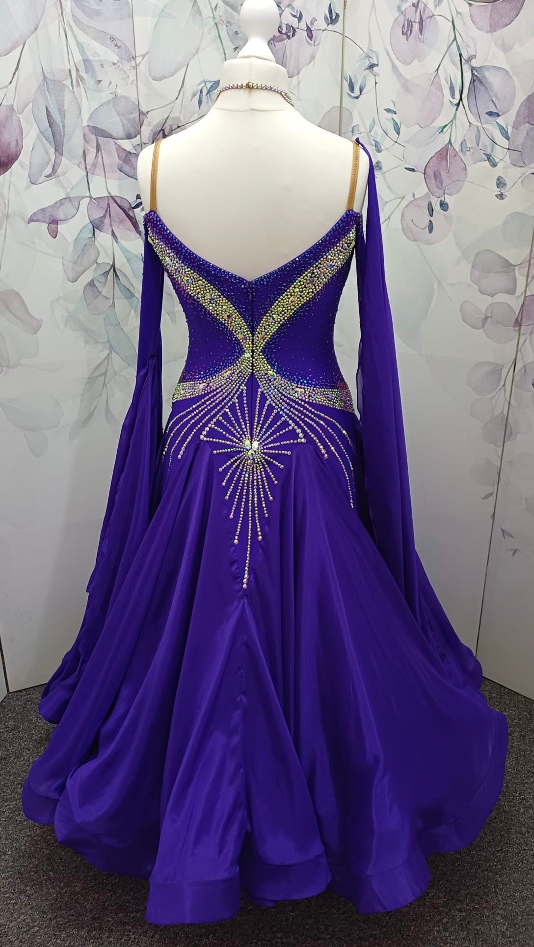 62B TWD ELITE & PETITE New fuller skirts. Purple Competition Ballroom/Sequence Competition dance dress. Heavily stoned in AB & Purple. Detachable floats.
