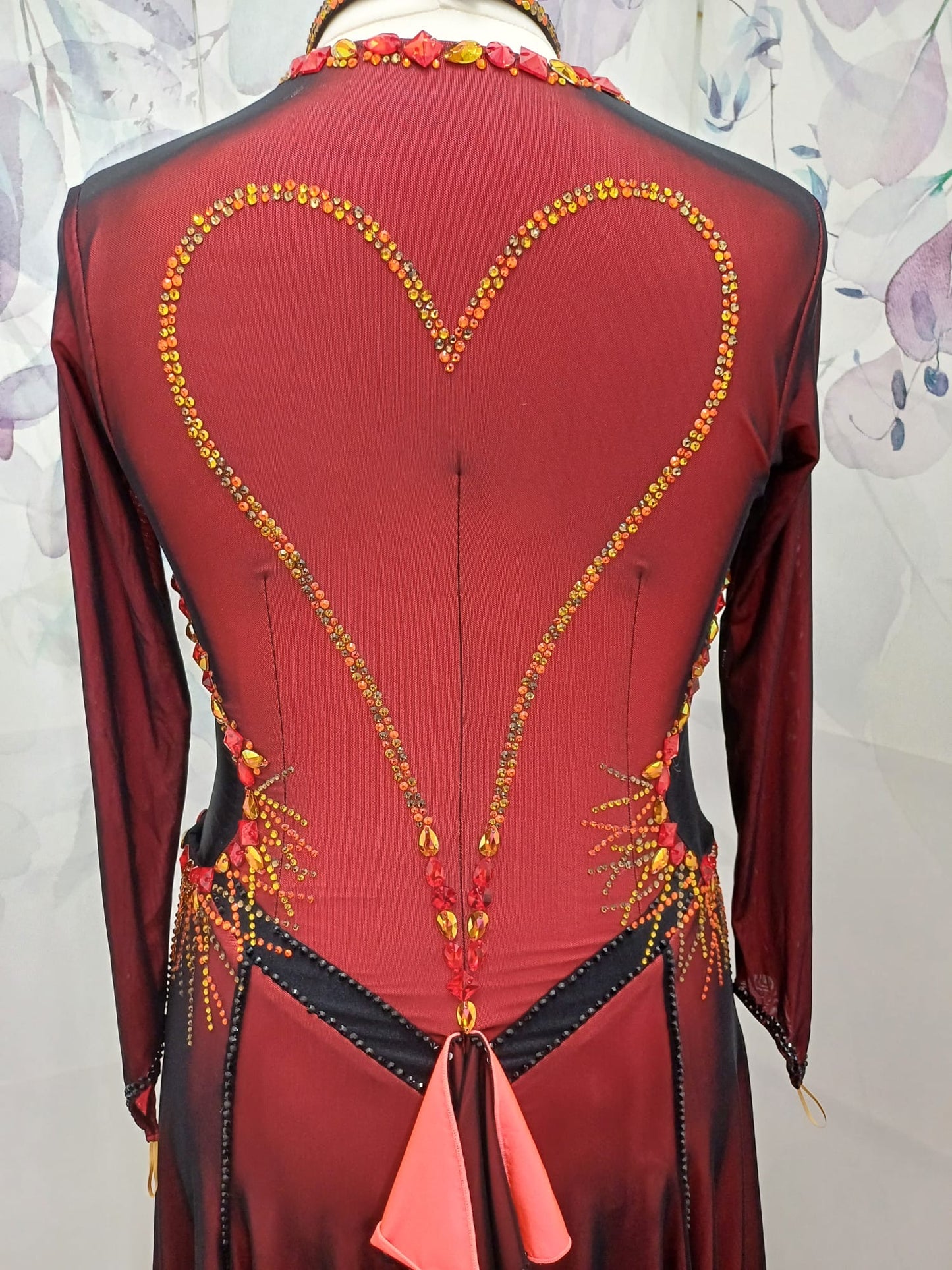 42L Beautiful Black & Orange Competition Latin Dance Dress. Heavily stoned in Hyacinth, Citrine, Hyacinth AB & Jet. Double layer skirt for maximum movement. High back to give option of wearing own bra. ❤️Showroom Appointments Available❤️