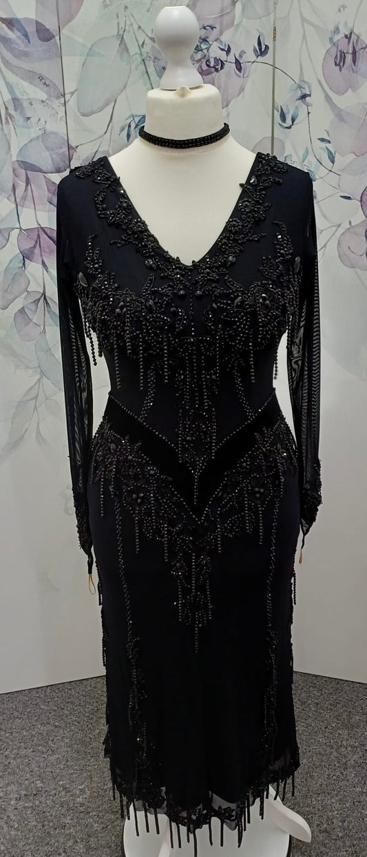 50L Black mesh on Lycra Competition Latin Dance Dress. Stunning beading & stone details throughout. ❤️Showroom Appointments Available❤️
