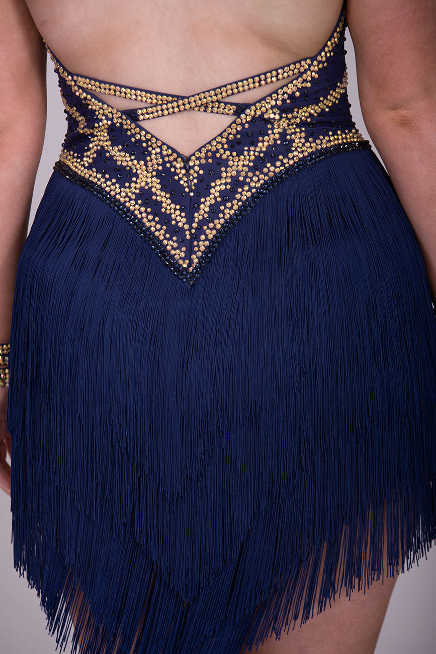 38L Navy Blue & Gold Competition Latin Dance Dress. Very full fringed skirts with full bodice details stoned in Gold