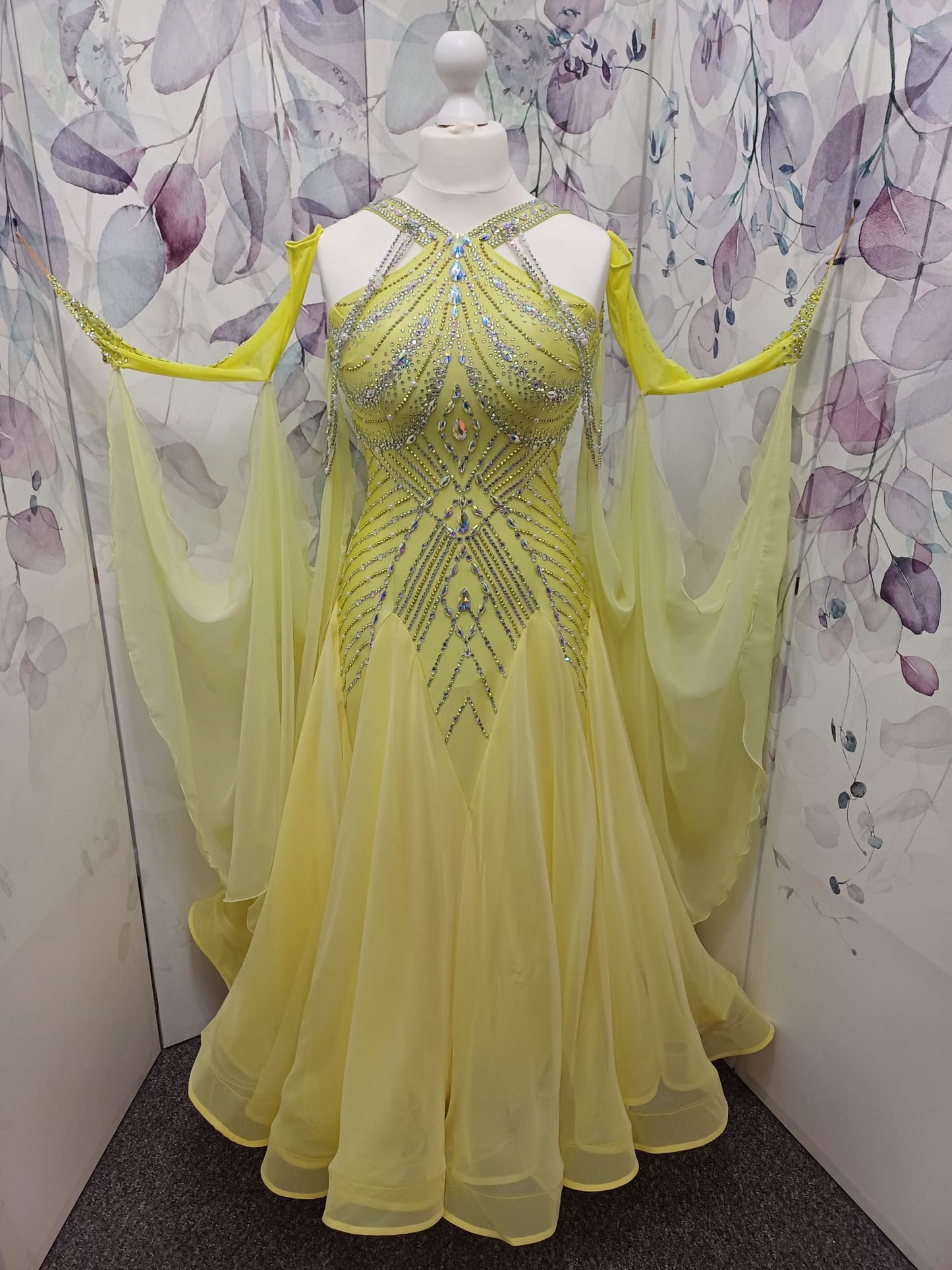 01210 Lemon Competition Ballroom Dance Dress. Beautifully stoned in AB, Night Starry Sky & Sunlight