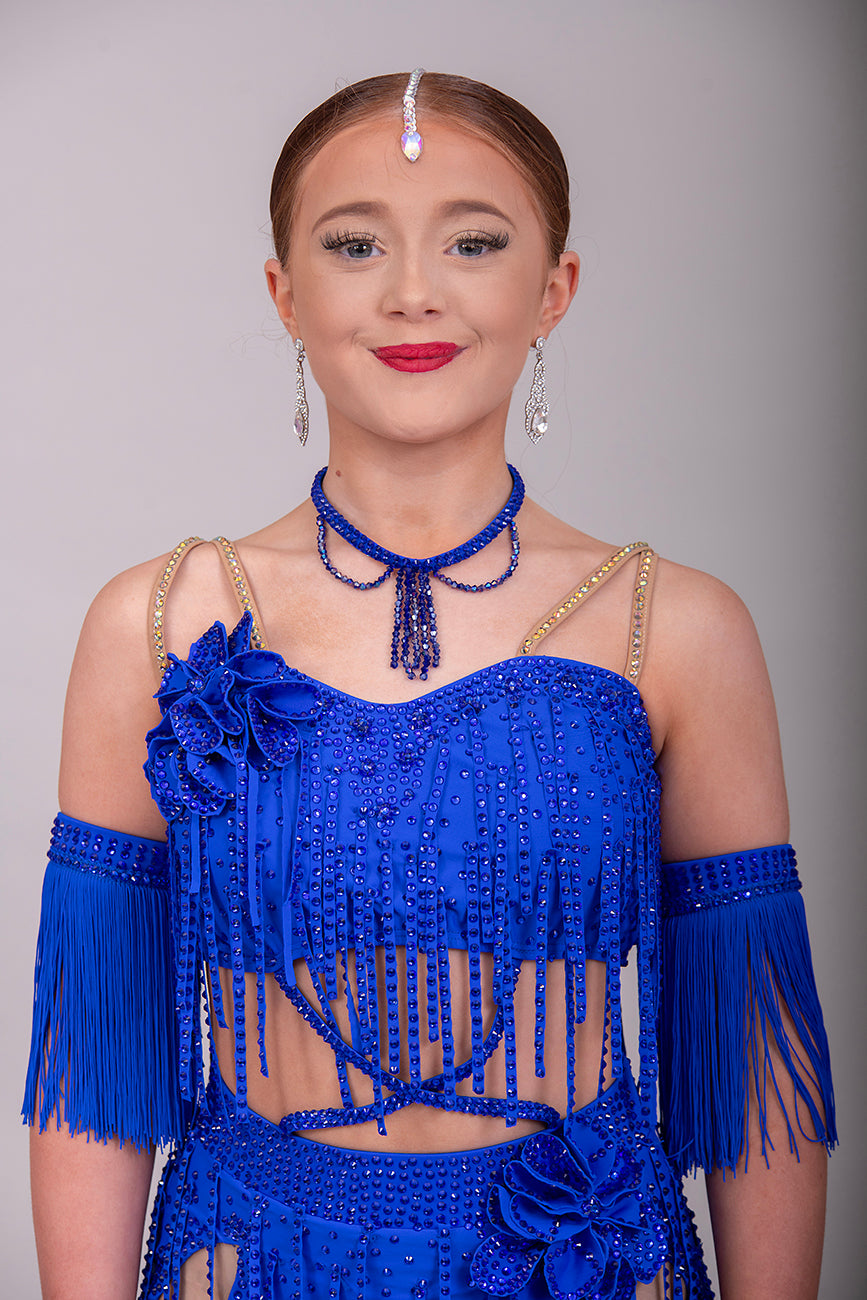 (BUDGET) 1 Royal Blue Latin Competition Dance Dress. Flower Decoration to the chest & Hip.        *****Our New Budget Range are Bought in ready made Costumes, with some detail added by TWDance*****