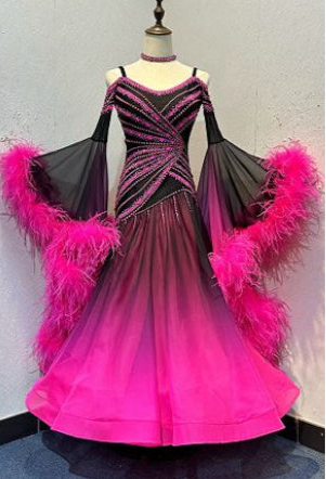 61B TWD ELITE Flo Pink & Black striking Competition Ballroom/Sequence dance dress. Ombré Pink & Black skirts with Flo pink ostrich feather trim bell sleeves. ❤️Showroom Appointments Available❤️
