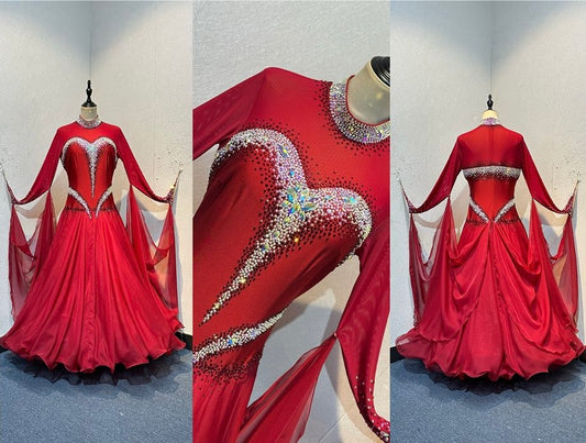 28B “TWD ELITE” New Fuller Skirts/Underskirts with flattering design in Red Heavily stoned Ballroom/Sequence Competition Dance Dress. Stoned in AB & Red, Detachable Floats. High back giving option to wear own Bra