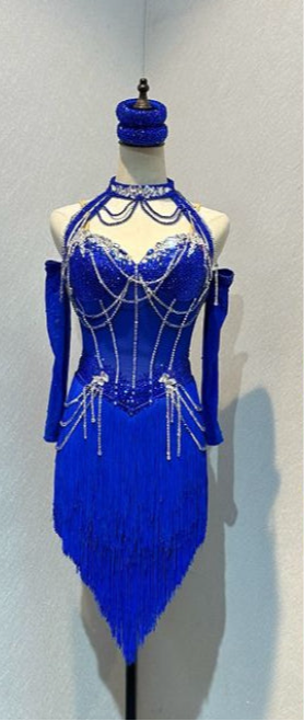 55L TWD ELITE Cobalt Blue Competition Latin Dance Dress. Stunning detailing throughout. Heavily stoned in Sapphire & AB. Cones with Stoned gloves & Accessories. ❤️Showroom Appointments Available❤️