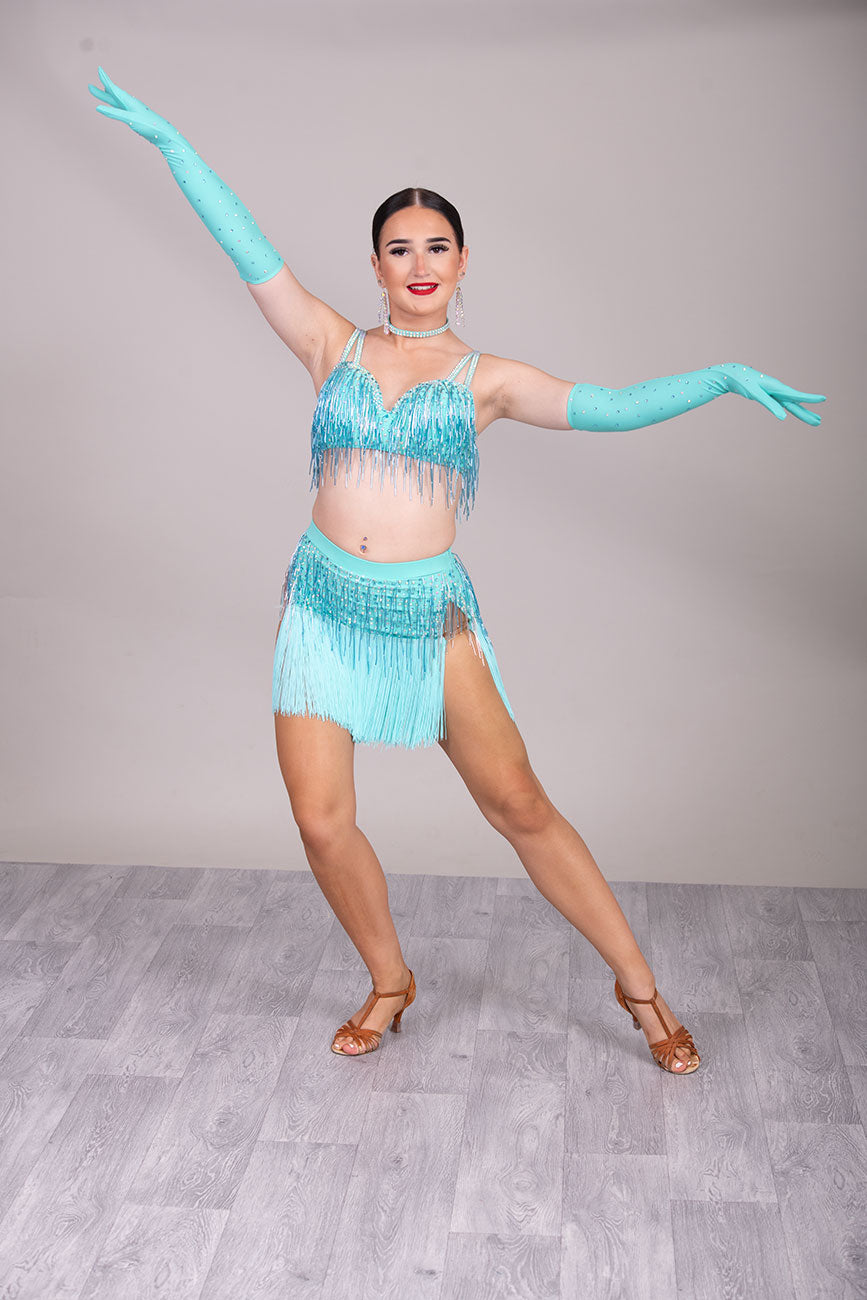 (BUDGET)14 Aqua 2 piece Stunning Colour Competition Latin Dance Dress. Bead droppers on the bra top & skirt has beads & fringing. Separate gloves with fingers to finish this look.