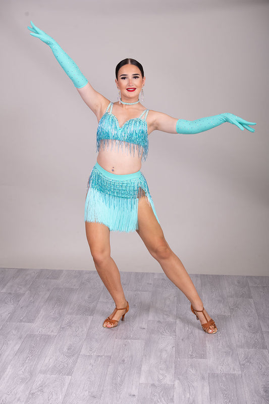 (BUDGET)14 Aqua 2 piece Stunning Colour Competition Latin Dance Dress. Bead droppers on the bra top & skirt has beads & fringing. Separate gloves with fingers to finish this look.