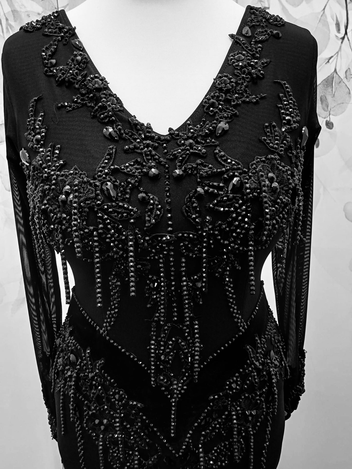 50L Black mesh on Lycra Competition Latin Dance Dress. Stunning beading & stone details throughout. ❤️Showroom Appointments Available❤️