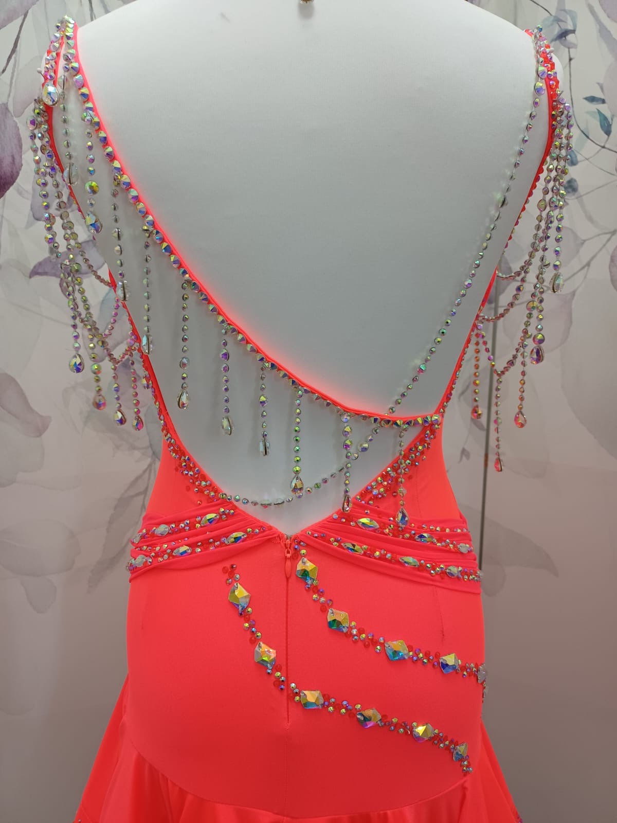 56L TWD ELITE Competition Latin Dance Dress in a beautiful Coral colour. Heavily stoned in AB, Hyacinth & Hyacinth AB. ❤️Showroom Appointments Available❤️