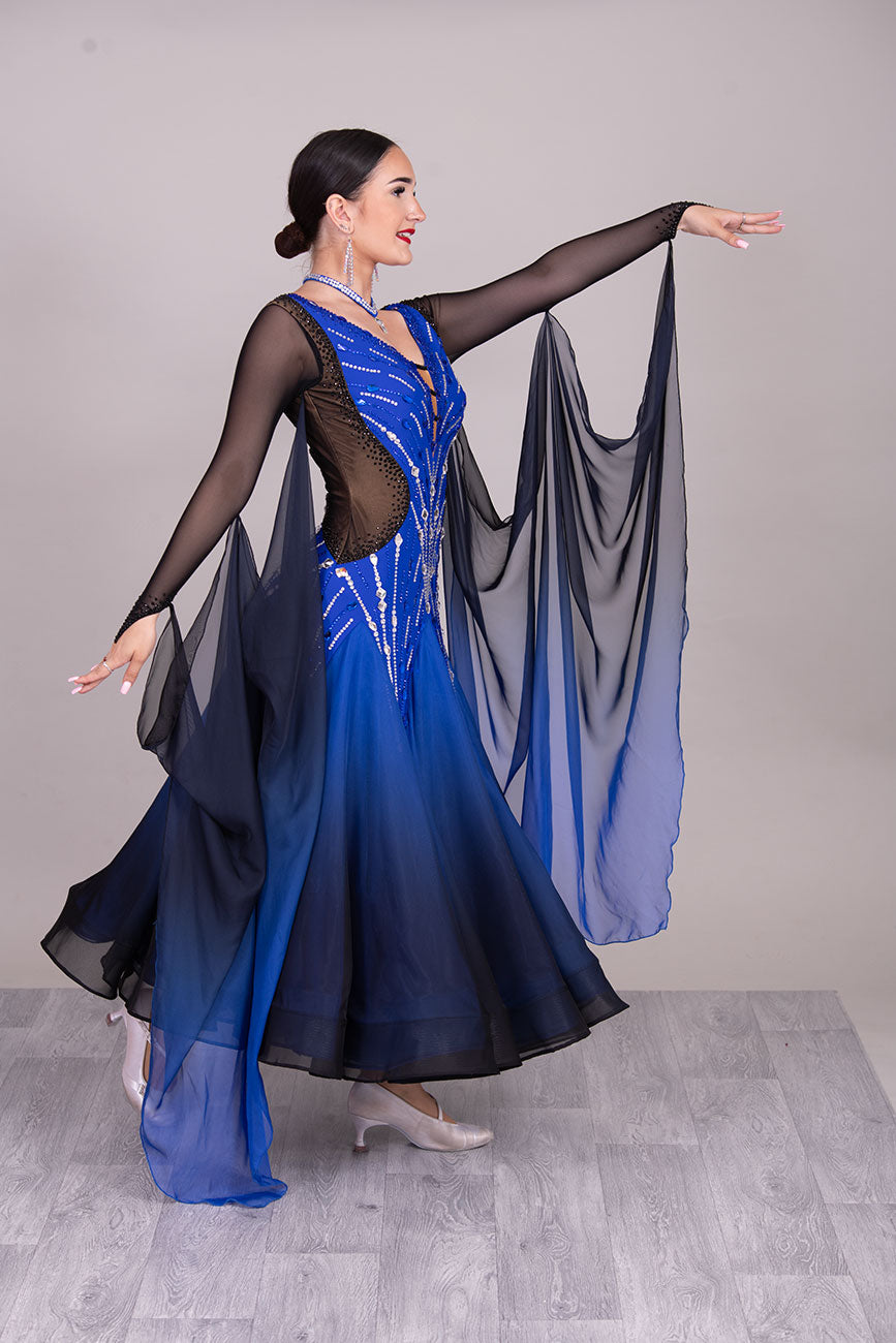 55B Royal Blue & Black Ombre Competition Dance Dress. Stoned in Sapphire, & Crystal. Ombre floats ❤️Showroom Appointments Available❤️