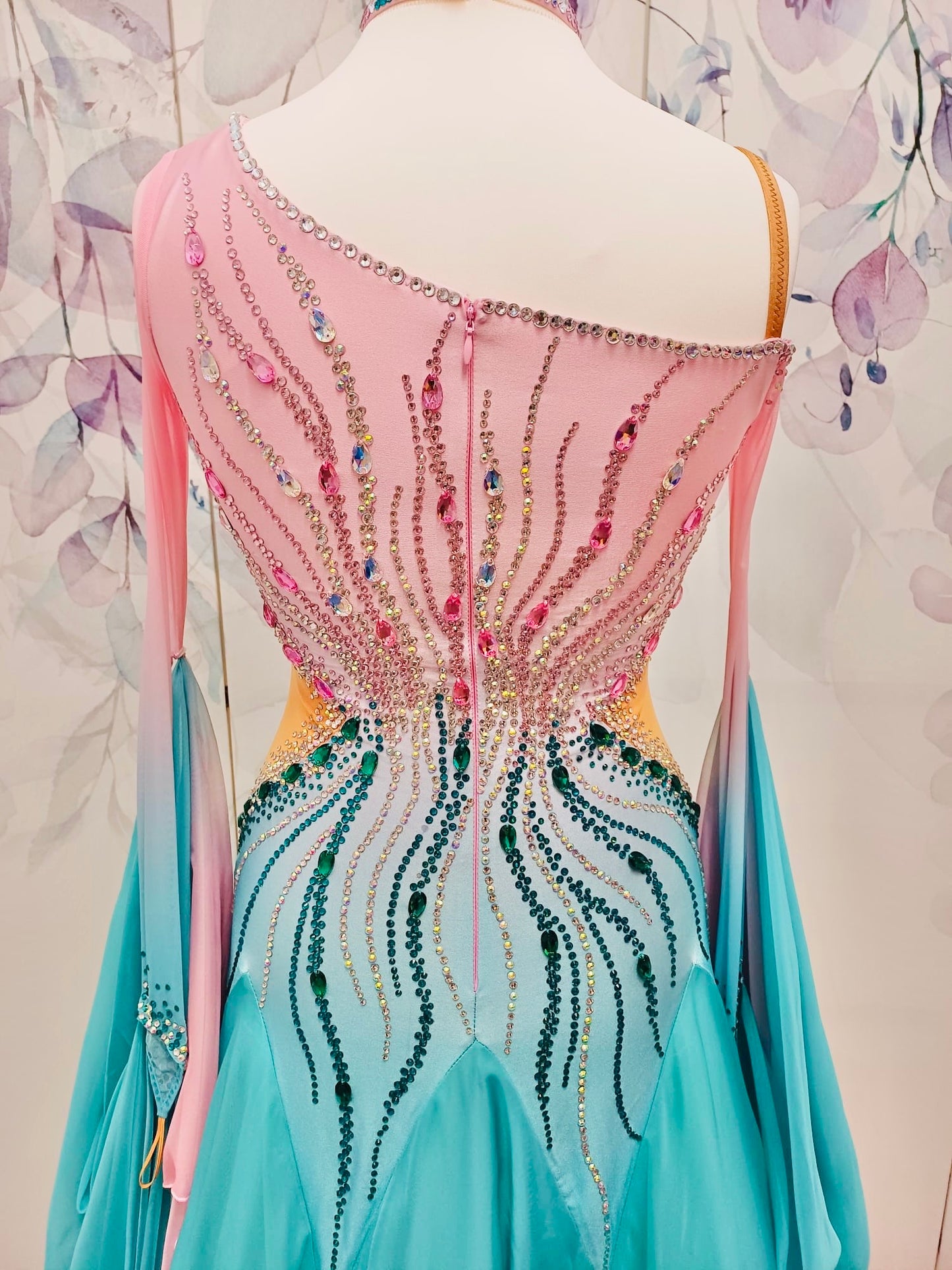 01130 Light Aqua & Baby Pink Ombre Competition Ballroom Dance Dress. Stone with AB & Fuschia. Detachable floats