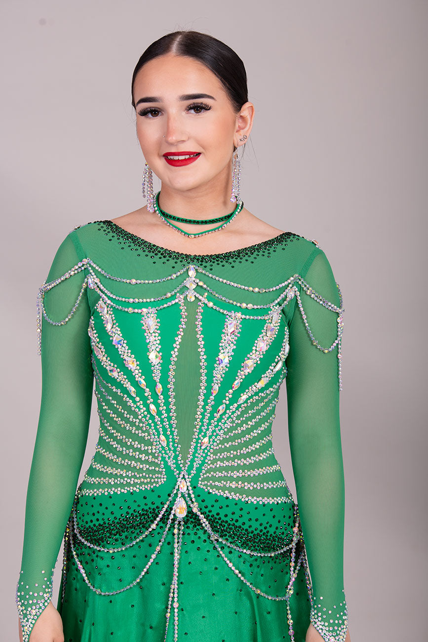 48B TWD “PETITE” Green Competition Ballroom Dance Dress. Beautiful hanging strap detail throughout. Stunning bodice design in AB & Emerald. ❤️Showroom Appointments Available❤️