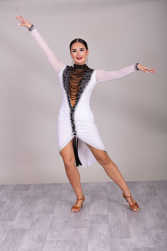 08L Stand Out Striking Competition Latin Dance Dress. Stunning Bodice detailing in Tan & Black. Deep collar with beading to the front. Ruched front with longer back.