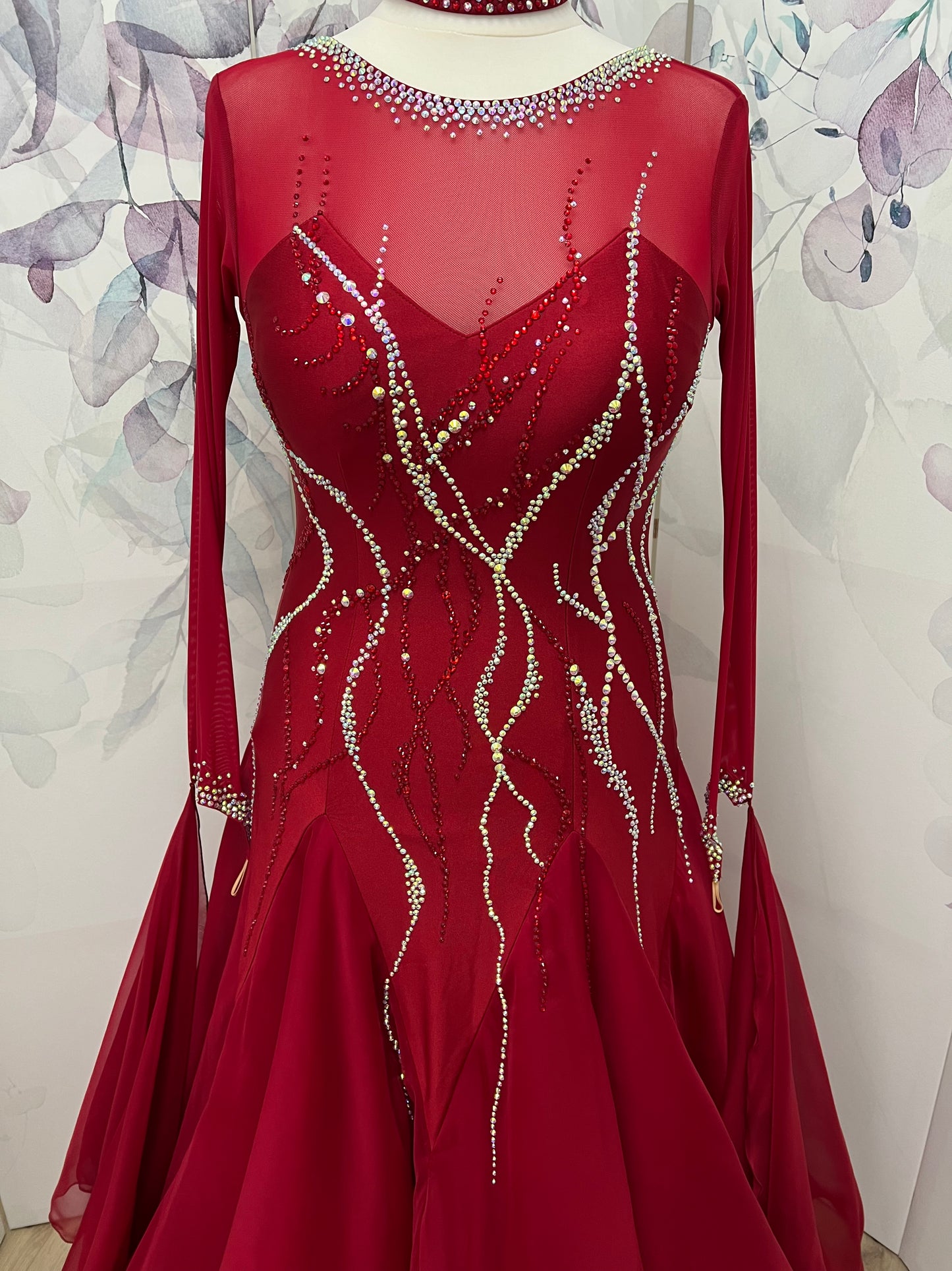 002 Red Competition Ballroom Dress. Detachable floats & back high enough to wear own bra. Stoned in Siam & AB