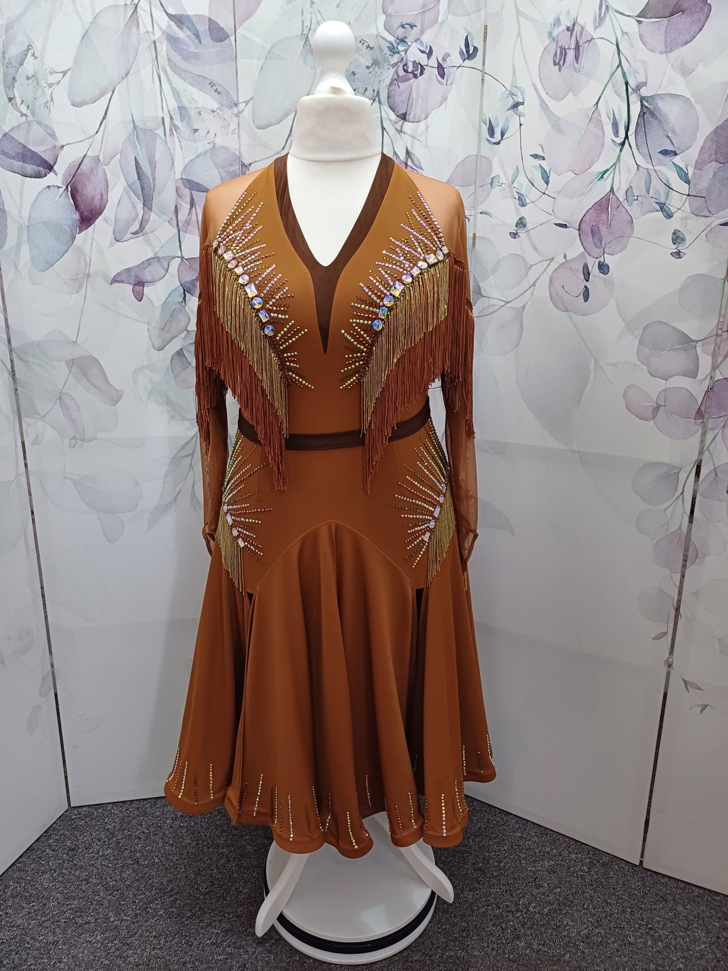43L Classy Tan & Gold with Chocolate accents Competition Latin Dance dress .Stoned in Chocolate & AB. High back with mesh on Lycra detail giving option to wear own bra. ❤️Showroom Appointments Available❤️